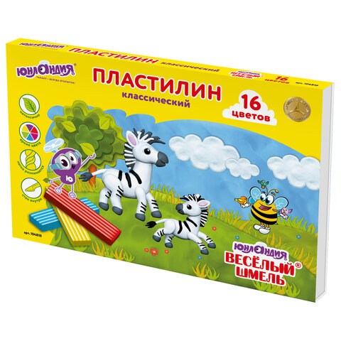 Пластилин классический ЮНЛАНДИЯ "ВЕСЁЛЫЙ ШМЕЛЬ", 16 цветов, 240 г, СО СТЕКОМ, 104810