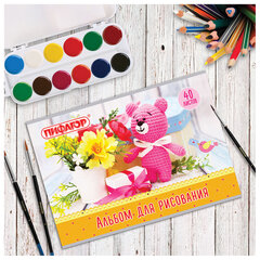 Альбом для рисования А4, 40 л., скоба, обложка офсет, ПИФАГОР, 205&times;290 мм, &laquo;Медвежонок и цветы&raquo; (1 вид), 105083