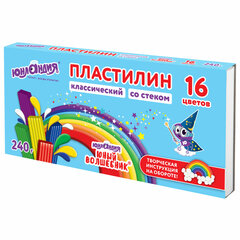 Пластилин классический ЮНЛАНДИЯ &laquo;ЮНЫЙ ВОЛШЕБНИК&raquo;, 16 цветов, 240 грамм, СО СТЕКОМ, ВЫСШЕЕ КАЧЕСТВО, 106430