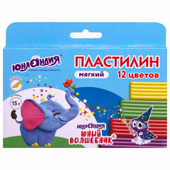 Пластилин мягкий ЮНЛАНДИЯ &laquo;ЮНЫЙ ВОЛШЕБНИК&raquo;, 12 цветов 180 г, СО СТЕКОМ, ВЫСШЕЕ КАЧЕСТВО, европодвес, 106439