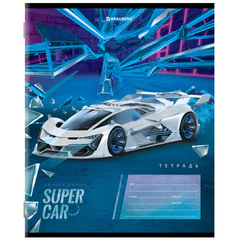 Тетрадь 12 л. BRAUBERG, клетка, обложка картон, "SUPER CAR", 106465