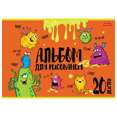 Альбом для рисования, А4, 20 л., скоба, обложка картон, выборочный лак, HATBER, 205х290 мм, "Монстрики", 074632