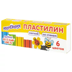 Пластилин мягкий ЮНЛАНДИЯ &laquo;ВЕСЕЛЫЙ ШМЕЛЬ&raquo;, 6 цветов, 90 г, СО СТЕКОМ, 106671