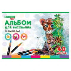 Альбом для рисования, А4, 40 листов, скоба, обложка картон, BRAUBERG KIDS, 200х285 мм, "Зверята" (2 вида), 106683
