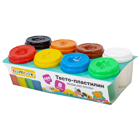 Тесто-пластилин для лепки СУПЕР ПЛАСТИЧНОЕ, 8 цветов, 400 г, крышки-штампики, BAMBOX (БАМБОКС), 107248