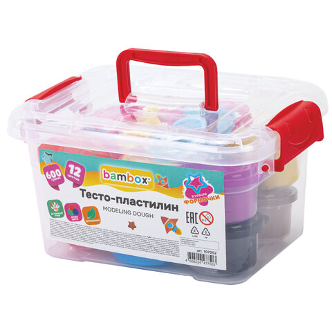 Тесто-пластилин для лепки СУПЕР ПЛАСТИЧНОЕ, 12 цветов, 600 г, в пластиковом контейнере, формочки, BAMBOX (БАМБОКС), 107252