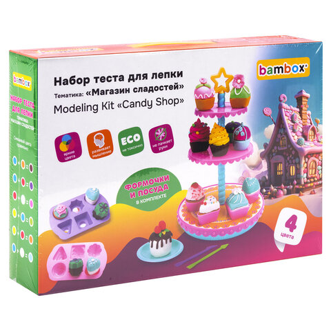 Тесто пластилин для лепки BAMBOX (БАМБОКС), НАБОР "Магазин сладостей" с формочками и посудой, 107253