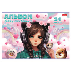Альбом для рисования А4 24 л., скоба, обложка картон, HATBER, 205х290 мм, "Девочка-кошка", 085145