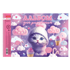Альбом для рисования А4 40 л., спираль, металлизация + выборочный лак, HATBER, 198&times;300 мм, &laquo;Котики-зефирки&raquo; (4 вида), 085245