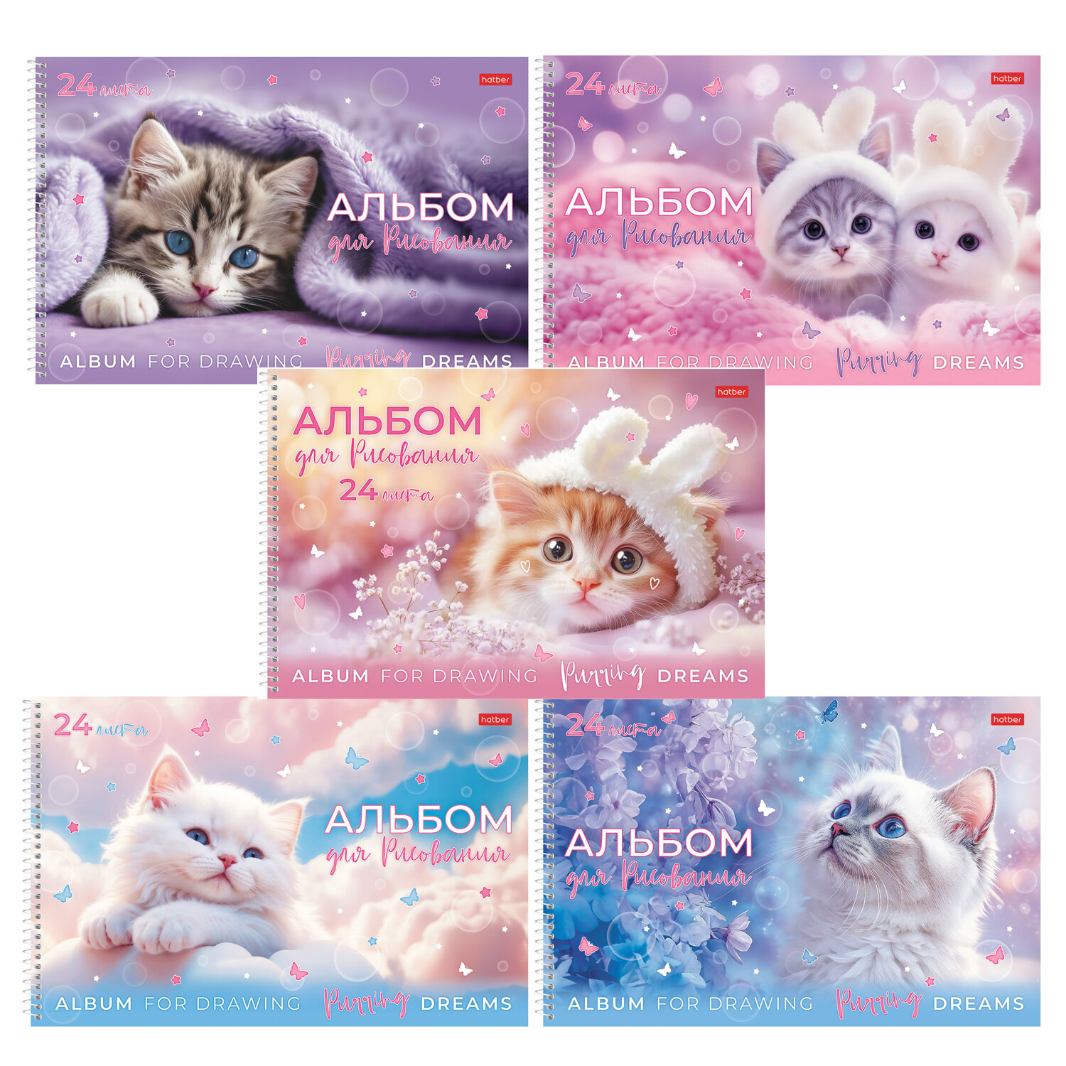 Альбом для рисования, обложка пластик, А4 24 л., спираль, HATBER, 198х300 мм, "Нежные мечты" (5 видов), 091533