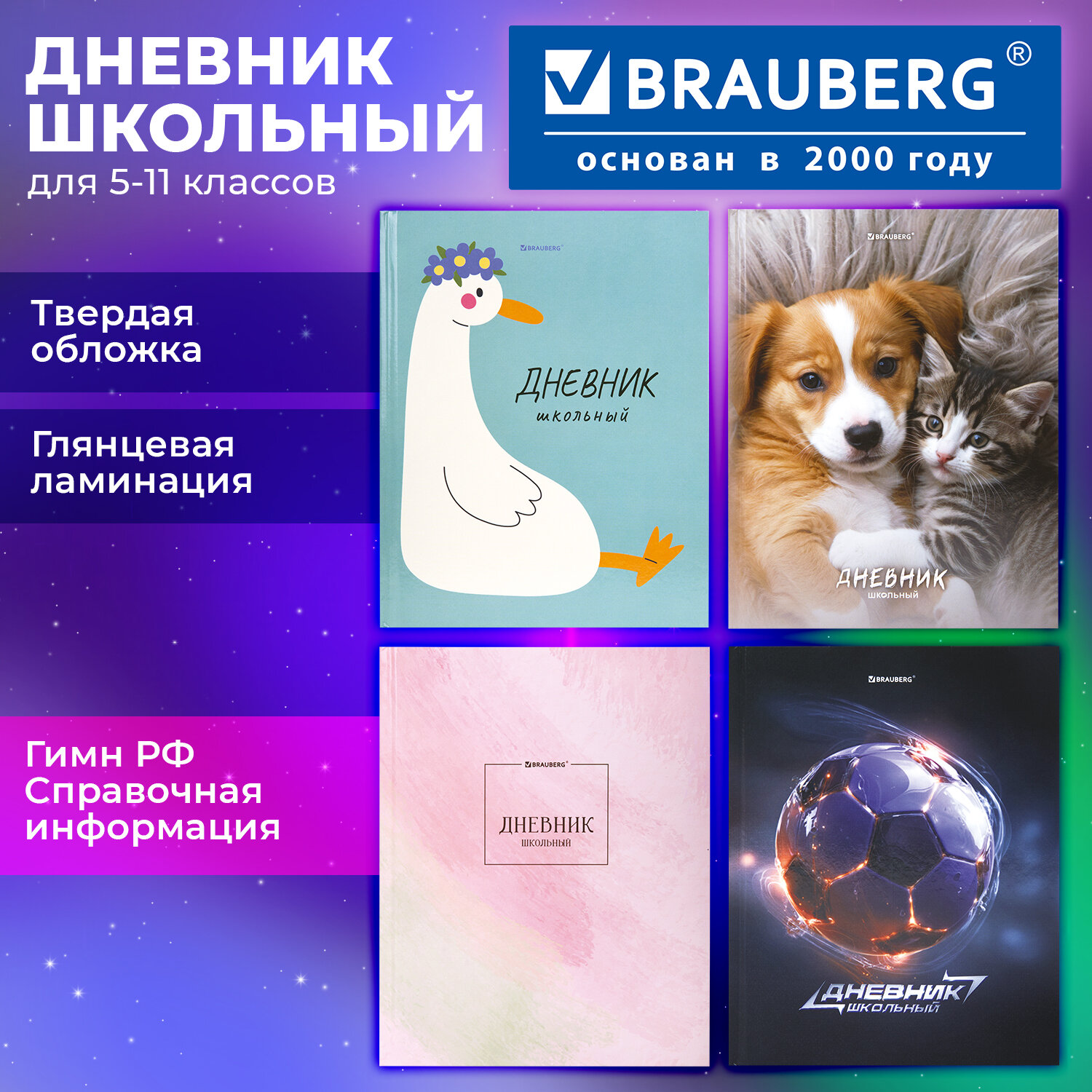 Дневник 5-11 класс 48 л., твердый, BRAUBERG, глянцевая ламинация, с подсказом, "МИКС", 107612