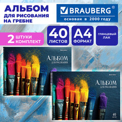 Альбомы для рисования ДЭК, А4, 40 л., КОМПЛЕКТ 2 шт., гребень, глянцевый лак, BRAUBERG, 200&times;290 мм, &laquo;Кисти&raquo;, 107735