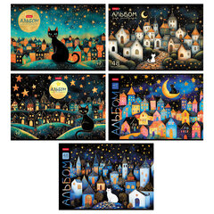 Альбом для рисования, обложка пластик, А4, 48 л., скоба, HATBER, 205х295 мм, "Лунный котик" (5 видов), 091514