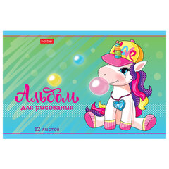 Альбом для рисования, МАЛЫЙ ФОРМАТ А5, 12 л., скоба, обложка картон, HATBER, 205&times;140 мм, &laquo;Пони_Единорожки&raquo;, 079749
