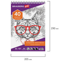 Скетчбук, белая бумага 120 г/<wbr/>м<sup>2</sup>, 205&times;290 мм, 40 л., гребень, жёсткая подложка, BRAUBERG ART DEBUT, 110984