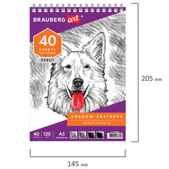 Скетчбук, белая бумага 120 г/<wbr/>м<sup>2</sup>, 145&times;205 мм, 40 л., гребень, жёсткая подложка, BRAUBERG ART DEBUT, 110988