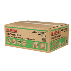Полотенца бумажные 200 шт., LAIMA (H2) ADVANCED WHITE, 2-слойные, белые, КОМПЛЕКТ 20 пачек, 24&times;21,5, Z-сложение, 111338