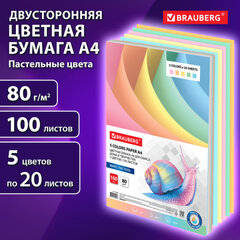 Бумага цветная BRAUBERG, А4, 80 г/<wbr/>м<sup>2</sup>, 100 л. (5 цветов х 20 листов), пастель, для офисной техники, 112460