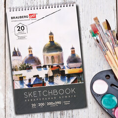 Скетчбук, акварельная бумага 200 г/<wbr/>м<sup>2</sup>, 200&times;290 мм, 20 л., гребень, твердая обложка, BRAUBERG ART, 112980