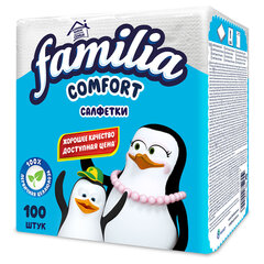 Салфетки бумажные 100 шт., 24x23 см, FAMILIA, белые, 100% целлюлоза