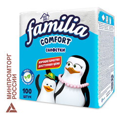 Салфетки бумажные 100 шт., 24x23 см, FAMILIA, белые, 100% целлюлоза