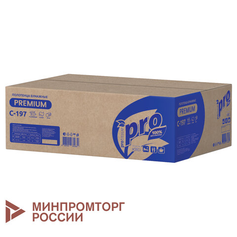 Полотенца бумажные 200 шт., PROtissue (H3) PREMIUM, 2-слойные, белые, КОМПЛЕКТ 20 пачек, 22х21 см, V-сложение, С197, C197