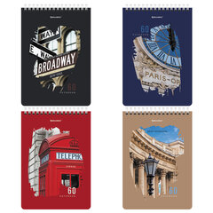 Блокнот А5 (146&times;206 мм), 60 л., гребень, картон, жесткая подложка, клетка, BRAUBERG, &laquo;Города&raquo;, 114369