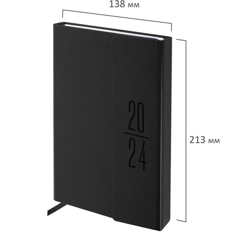 Ежедневник датированный 2024 А5 138x213 мм BRAUBERG "Towny", под кожу, клапан, черный, 114827