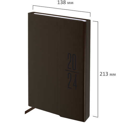 Ежедневник датированный 2024 А5 138x213 мм BRAUBERG "Towny", под кожу, клапан, коричневый, 114829