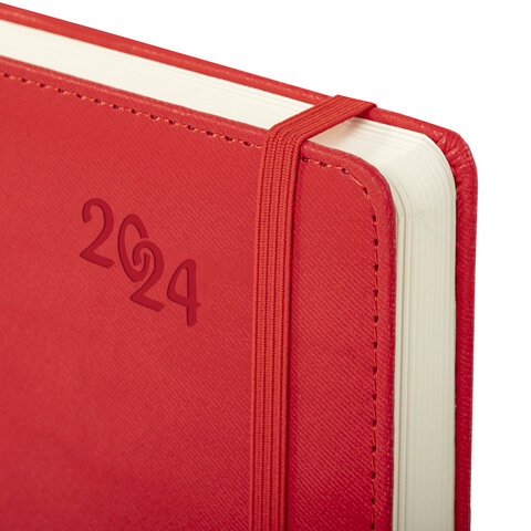 Ежедневник датированный 2024 А5 138x213 мм BRAUBERG "Optimal", под кожу, резинка-фиксатор, держатель для ручки, красный,, 114974