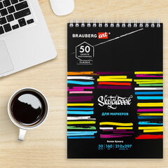 Скетчбук для маркеров, бумага 160 г/<wbr/>м<sup>2</sup>, 210&times;297 мм, 50 л., гребень, подложка, BRAUBERG ART CLASSIC, &laquo;Неон&raquo;, 115077