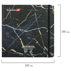 Скетчбук для маркеров 120 г/<wbr/>м<sup>2</sup>, 195&times;195 мм, 60 л., твердая обложка, резинка, BRAUBERG ART PREMIERE, &laquo;Мрамор&raquo;, 115105