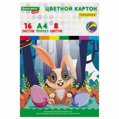 Картон цветной А4 МЕЛОВАННЫЙ, 16 листов, 8 цветов, в папке, BRAUBERG KIDS, 200&times;290 мм, &laquo;Зайчик&raquo;, 115159