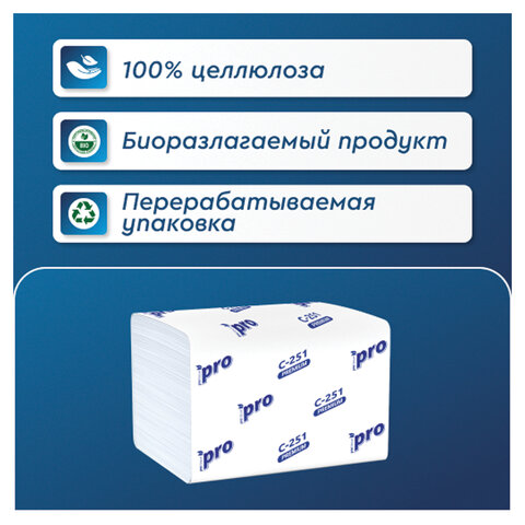 Салфетки 200шт PROtissue (Система N4) PREMIUM, 2-сл, КОМПЛЕКТ 20шт, 21*16см, V-сложение, белые, C251