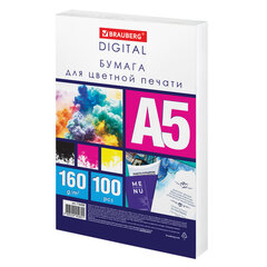 Бумага для цветной лазерной печати А5, ПЛОТНАЯ 160 г/<wbr/>м<sup>2</sup>, 100 л., BRAUBERG DIGITAL, 145% (CIE), 116408