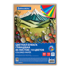 Цветная бумага А4 мелованная, 80 листов, 10 цветов, в коробе, BRAUBERG, 200&times;290 мм, &laquo;Горы&raquo;, 116419