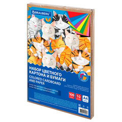 Набор цветного картона и бумаги А4 50+50 л., 10 цветов (картон мелованный + бумага офсетная) в коробке, BRAUBERG, 116421