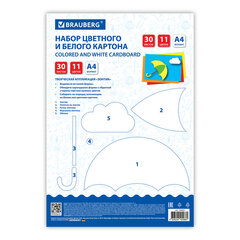 Набор картона БЕЛЫЙ + ЦВЕТНОЙ, A4, мелованный, 30 листов (белый 10 листов + цветной 20 листов, 10 цветов), папка, BRAUBERG, 116423