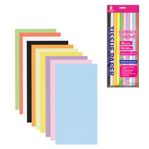 Цветная бумага ТИШЬЮ 17 г/м2, 50х66 см, 20 листов, 10 цветов, пастель ассорти, ЗОЛОТАЯ СКАЗКА, 116493 - фото 4