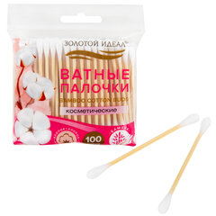 Ватные палочки КОМПЛЕКТ 100 шт., бамбуковый стик, 100% хлопок, зип-лок, ЗОЛОТОЙ ИДЕАЛ, 116556