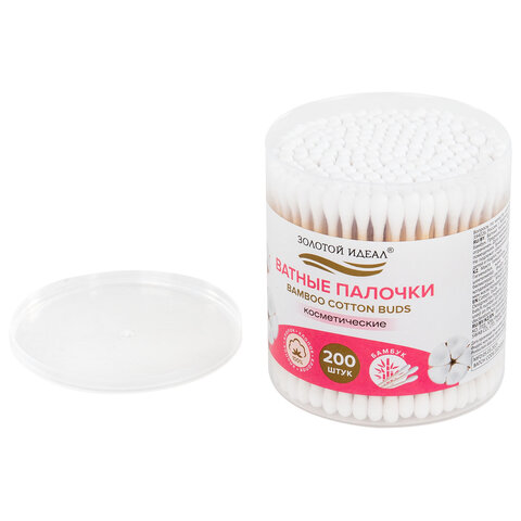 Ватные палочки КОМПЛЕКТ 200 шт.,бамбуковый стик,100% хлопок,пластиковый стакан, ЗОЛОТОЙ ИДЕАЛ,116557