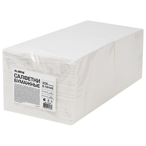 Салфетки бумажные 3-х слойные, 33x33 см., 200 штук в упаковке, 1/4 сложение, LAIMA, белые,код 116659