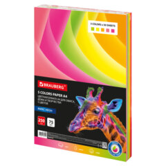 Изображение товара Цветная неоновая бумага BRAUBERG А4 75 г/м2 250 листов 5 цветов для офиса и творчества