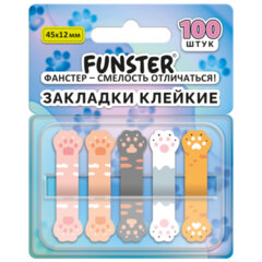 Закладки клейкие Z-сложения FUNSTER (ФАНСТЕР) "Лапки котов", 45х12 мм, 100 шт. (5 цветов х 20 листов), в диспенсере, 116691