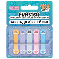 Закладки клейкие Z-сложения FUNSTER (ФАНСТЕР) "Собаки", 45х12 мм, 100 шт. (5 цветов х 20 листов), в диспенсере, 116692