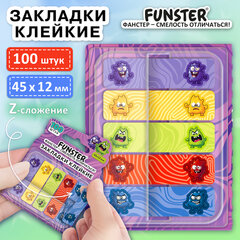 Закладки клейкие Z-сложения FUNSTER (ФАНСТЕР) "Монстрики", 45х12 мм, 100 шт. (5 цветов х 20 листов), в диспенсере, 116701