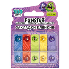 Закладки клейкие Z-сложения FUNSTER (ФАНСТЕР) "Монстрики", 45х12 мм, 100 шт. (5 цветов х 20 листов), в диспенсере, 116701