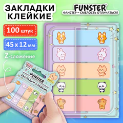 Закладки клейкие Z-сложения FUNSTER (ФАНСТЕР) "Животные", 45х12 мм, 100 шт. (5 цветов х 20 листов), в диспенсере, 116702