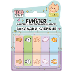 Закладки клейкие Z-сложения FUNSTER (ФАНСТЕР) "Животные", 45х12 мм, 100 шт. (5 цветов х 20 листов), в диспенсере, 116702