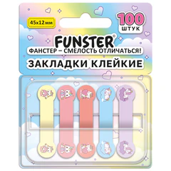 Закладки клейкие Z-сложения FUNSTER (ФАНСТЕР) "Единороги", 45х12 мм, 100 шт. (5 цветов х 20 листов), в диспенсере, 116703